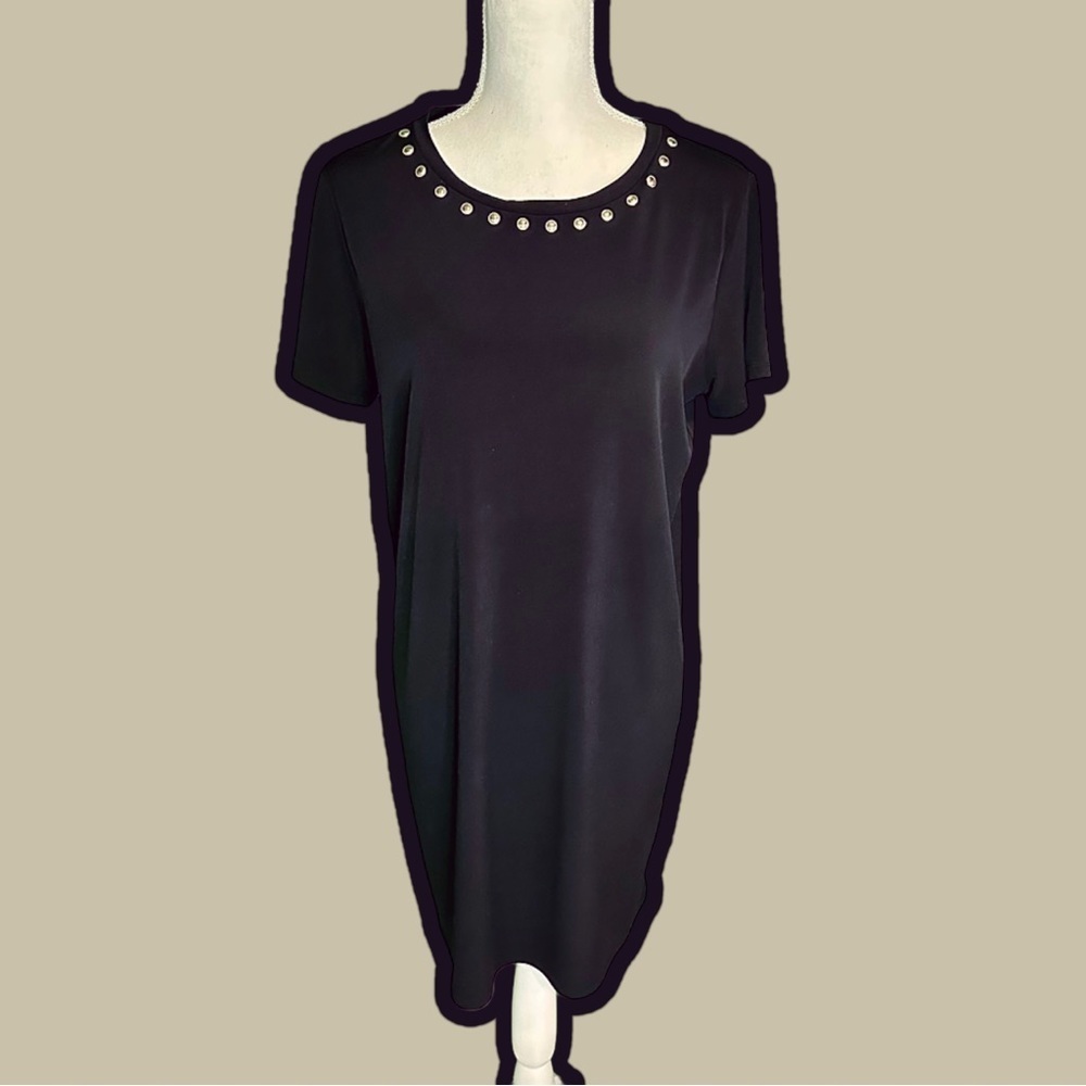 MICHAEL Michael Kors Black Short Sleeve Jersey Knit Shift Dress w/ Gold Studs L